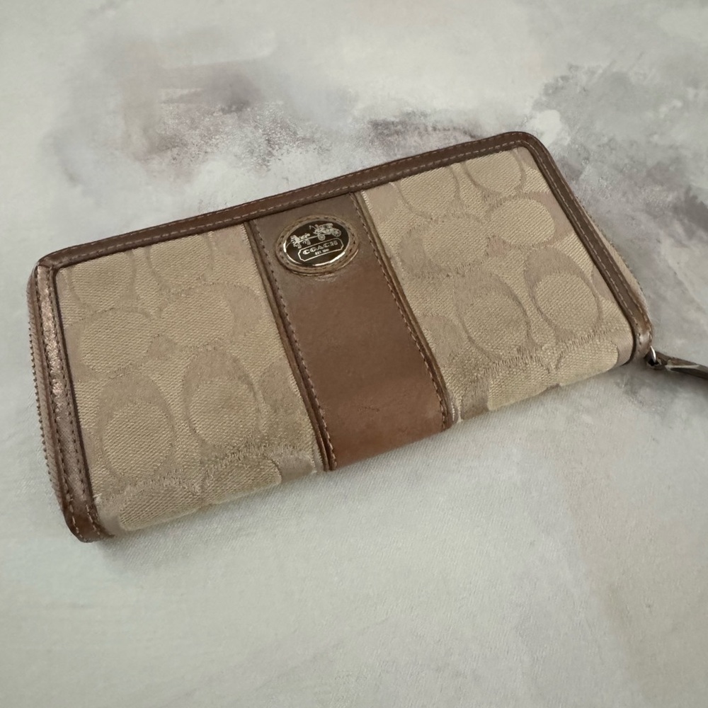 Coach Wallet with Gold Thread Intertwined and Brass Metallic Leather Trim